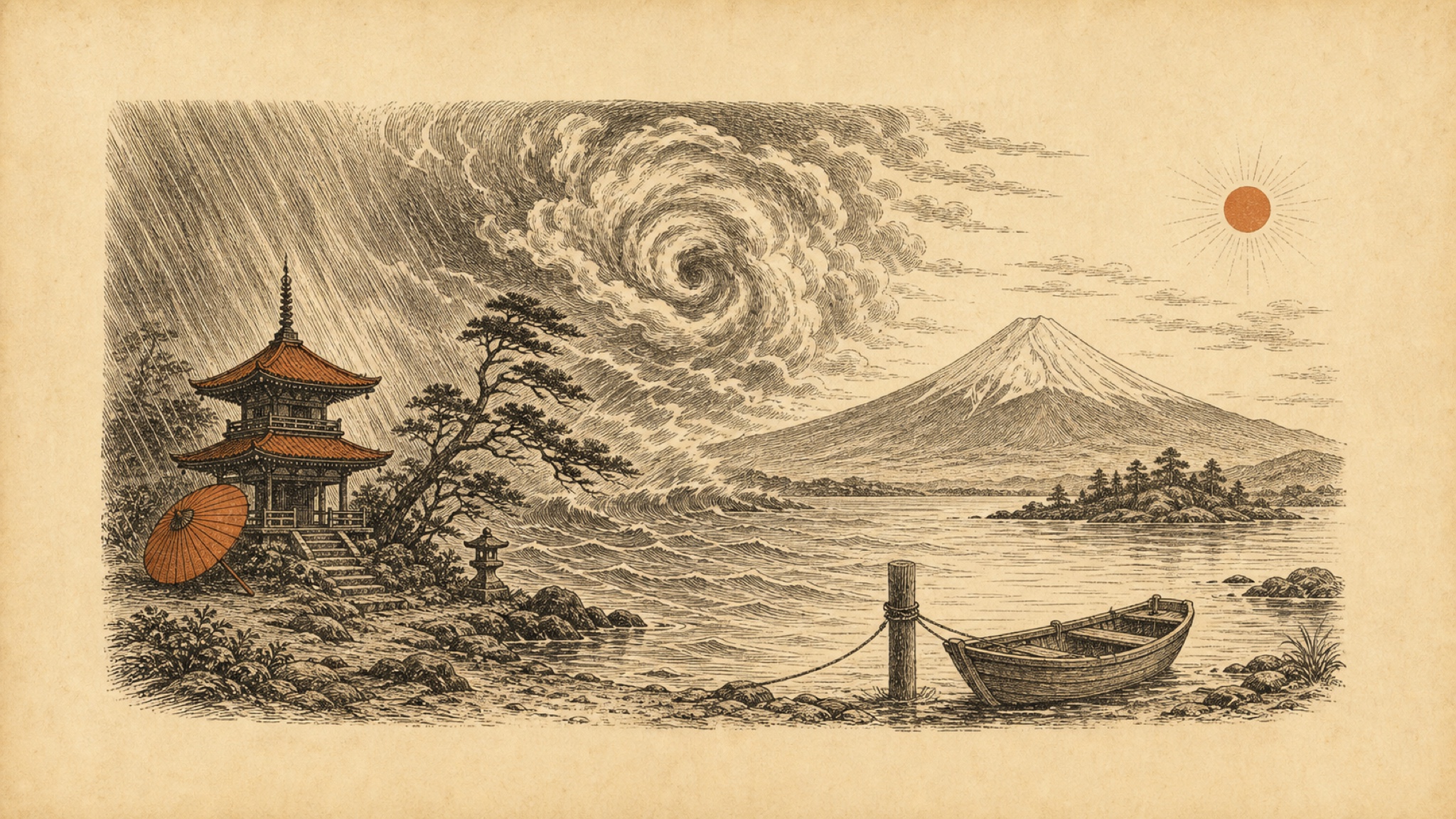 An etching of Mount Fuji across a bay with the sky sweeping from slanted rain over a pagoda, through a spiraling typhoon cloud, to clear sun, with a moored rowboat waiting in the foreground